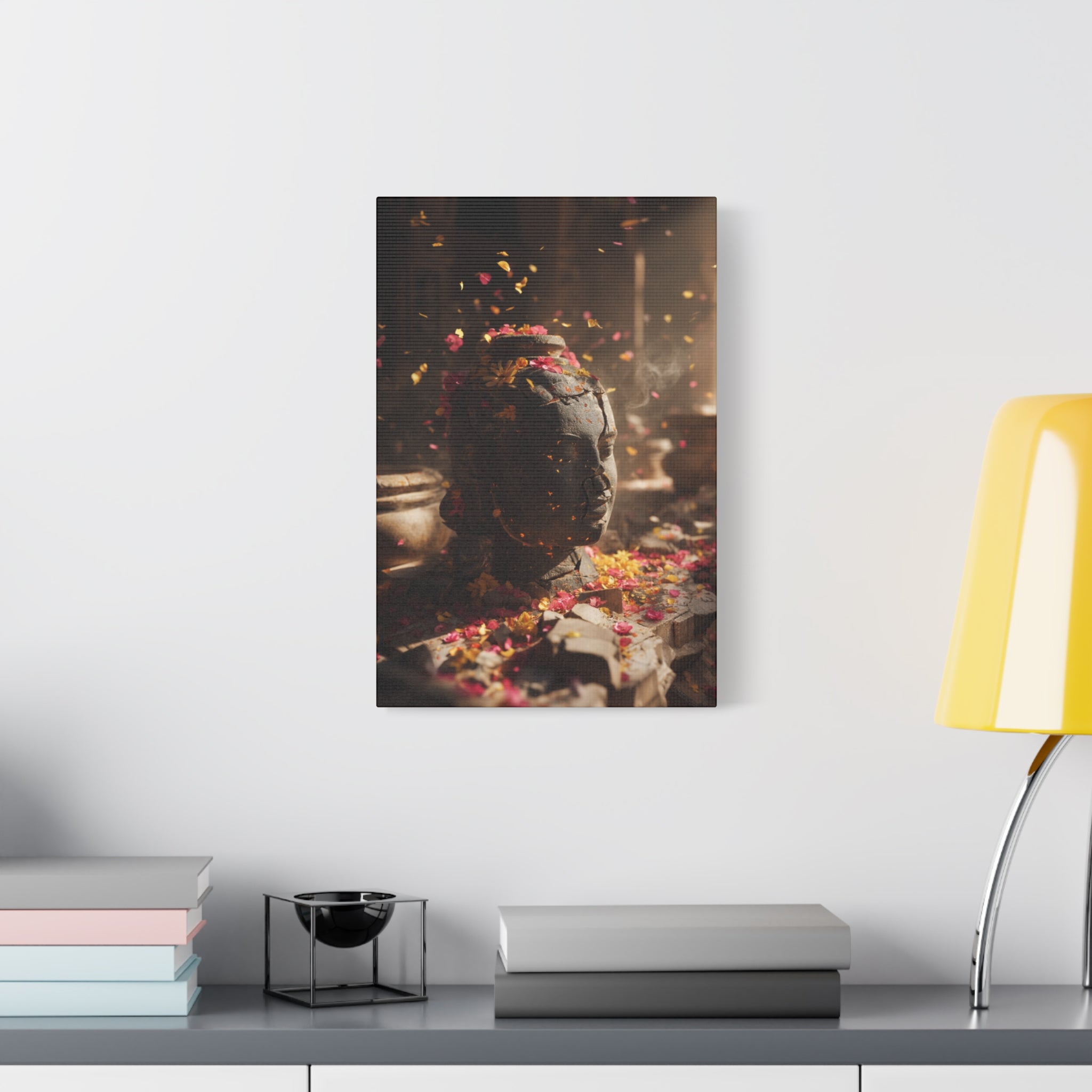 Meditative Temple Statue Canvas Print — Floral Offering Wall Art