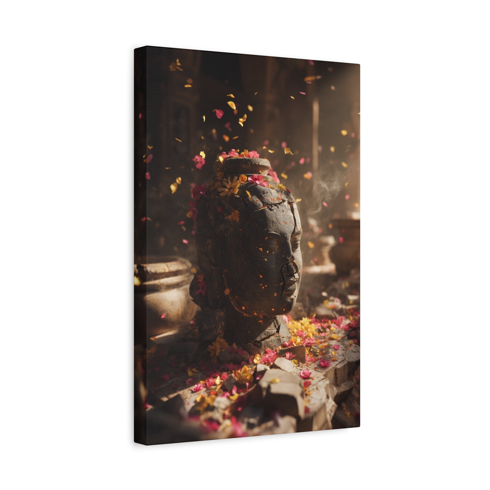 Meditative Temple Statue Canvas Print — Floral Offering Wall Art