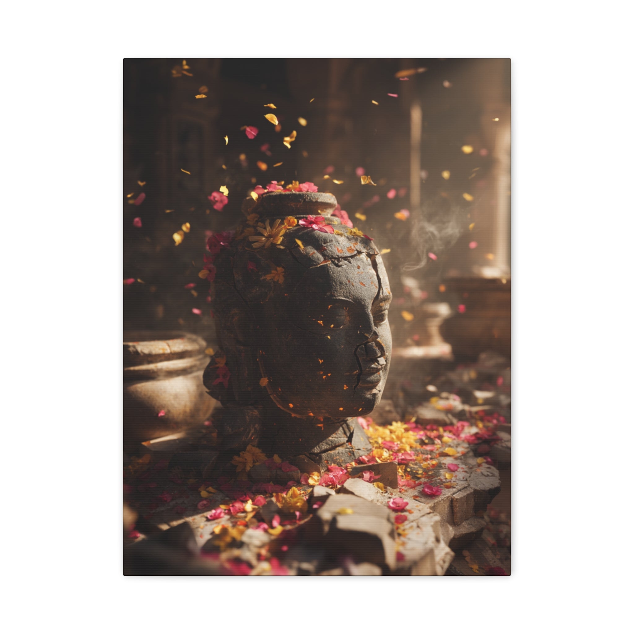 Meditative Temple Statue Canvas Print — Floral Offering Wall Art