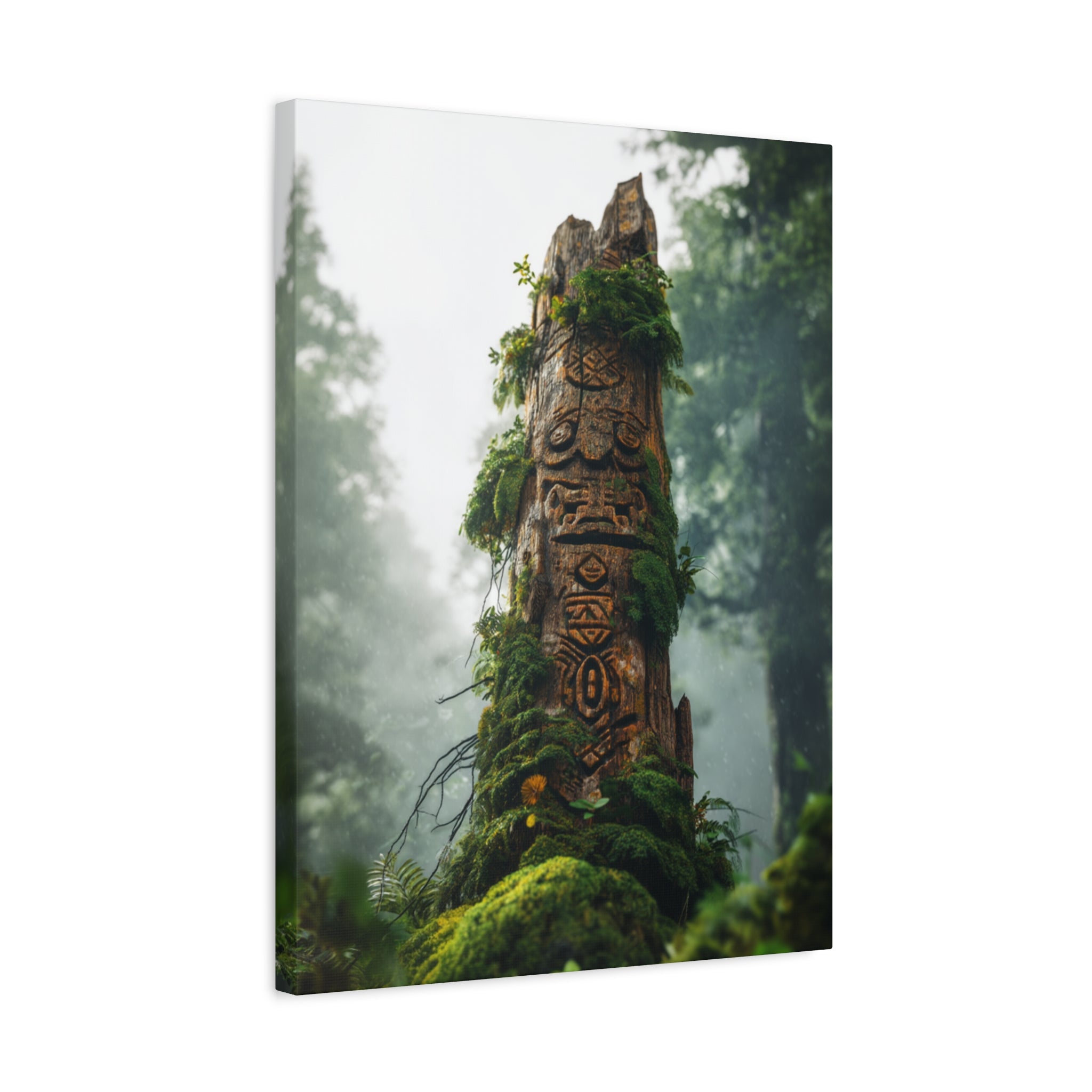 Moss-Covered Totem Canvas Print — Forest Spirit Wall Art (Matte Stretched)