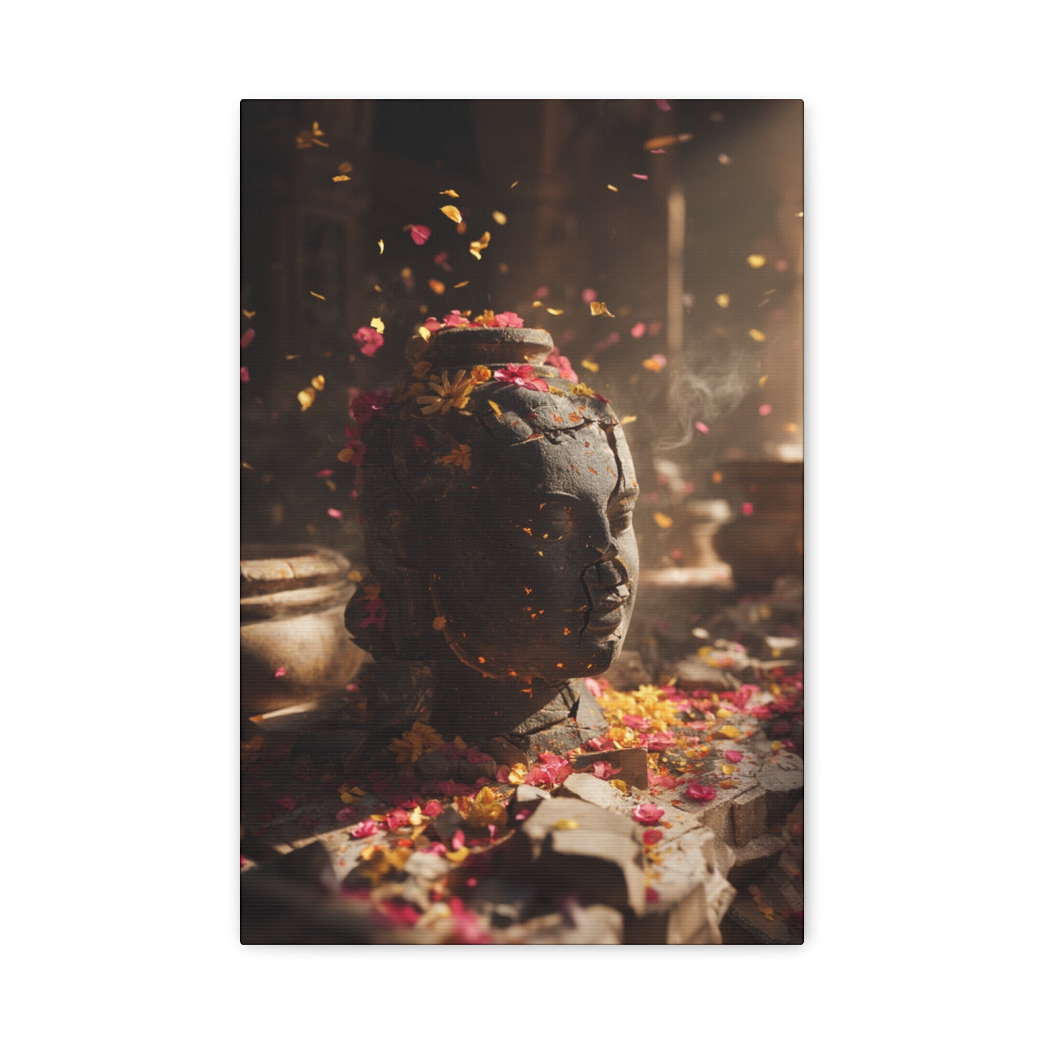 Meditative Temple Statue Canvas Print — Floral Offering Wall Art