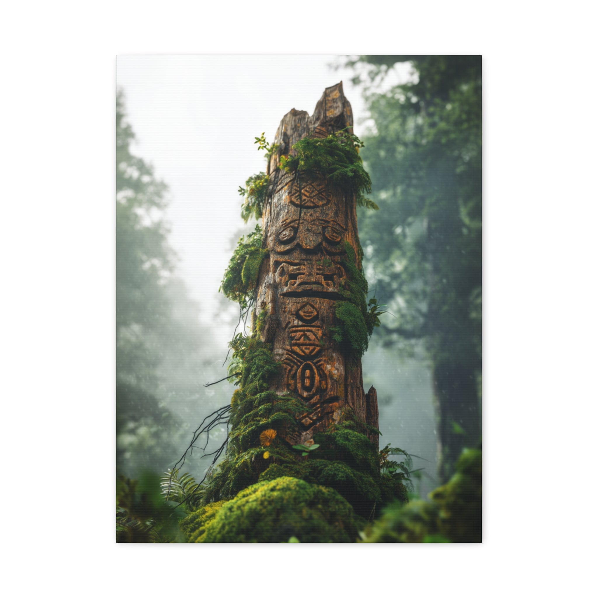 Moss-Covered Totem Canvas Print — Forest Spirit Wall Art (Matte Stretched)
