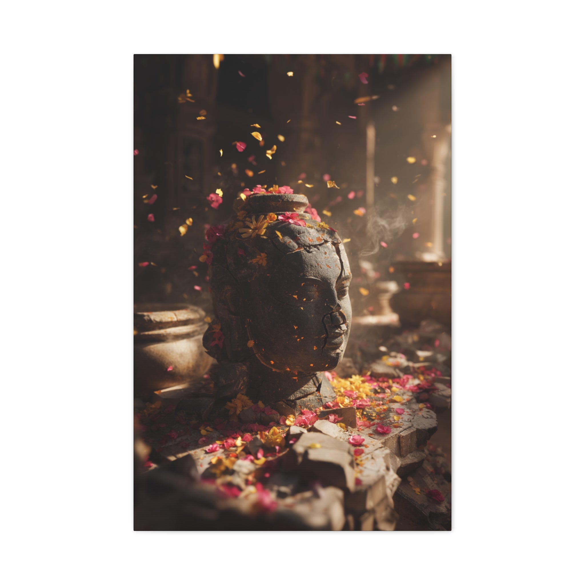 Meditative Temple Statue Canvas Print — Floral Offering Wall Art