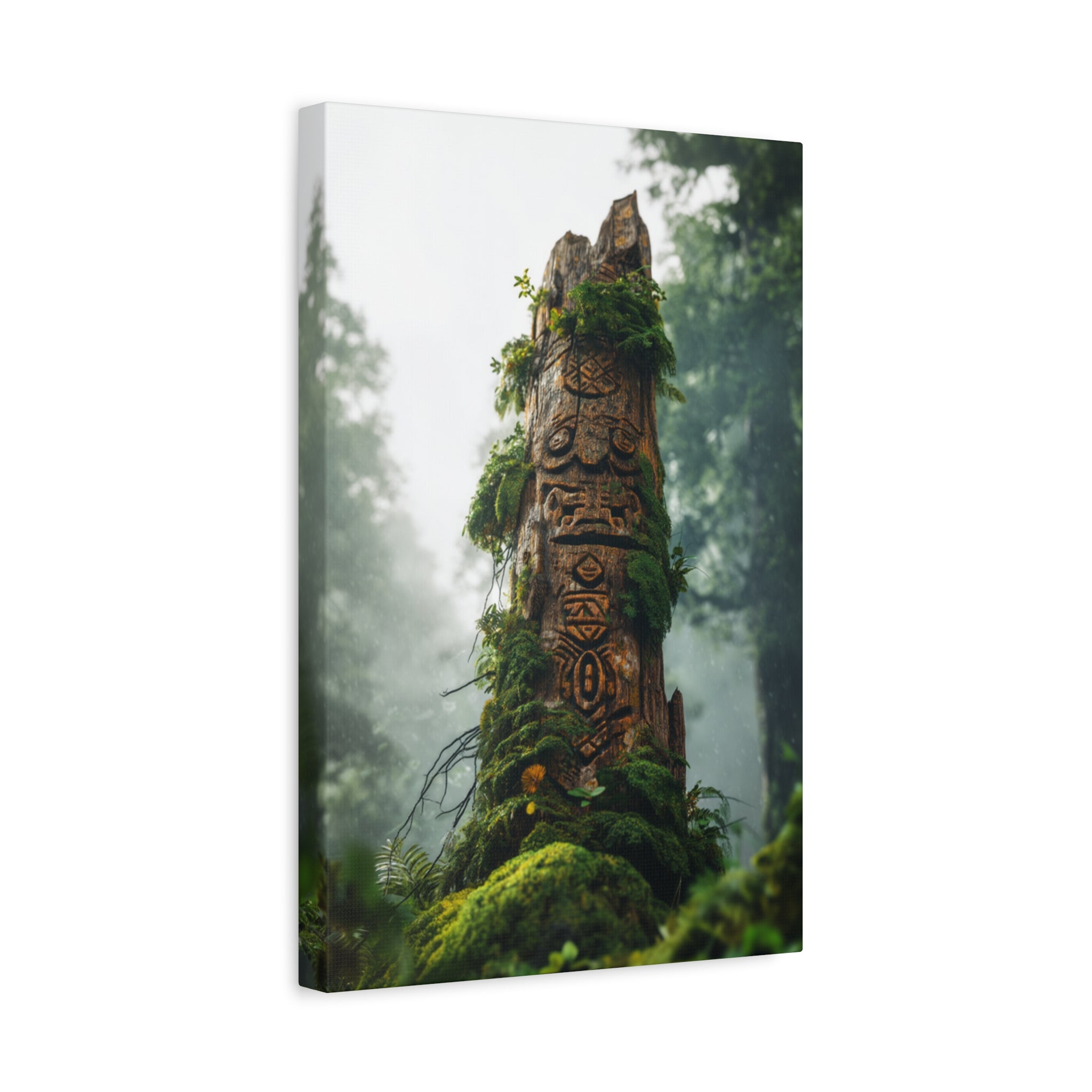 Moss-Covered Totem Canvas Print — Forest Spirit Wall Art (Matte Stretched)