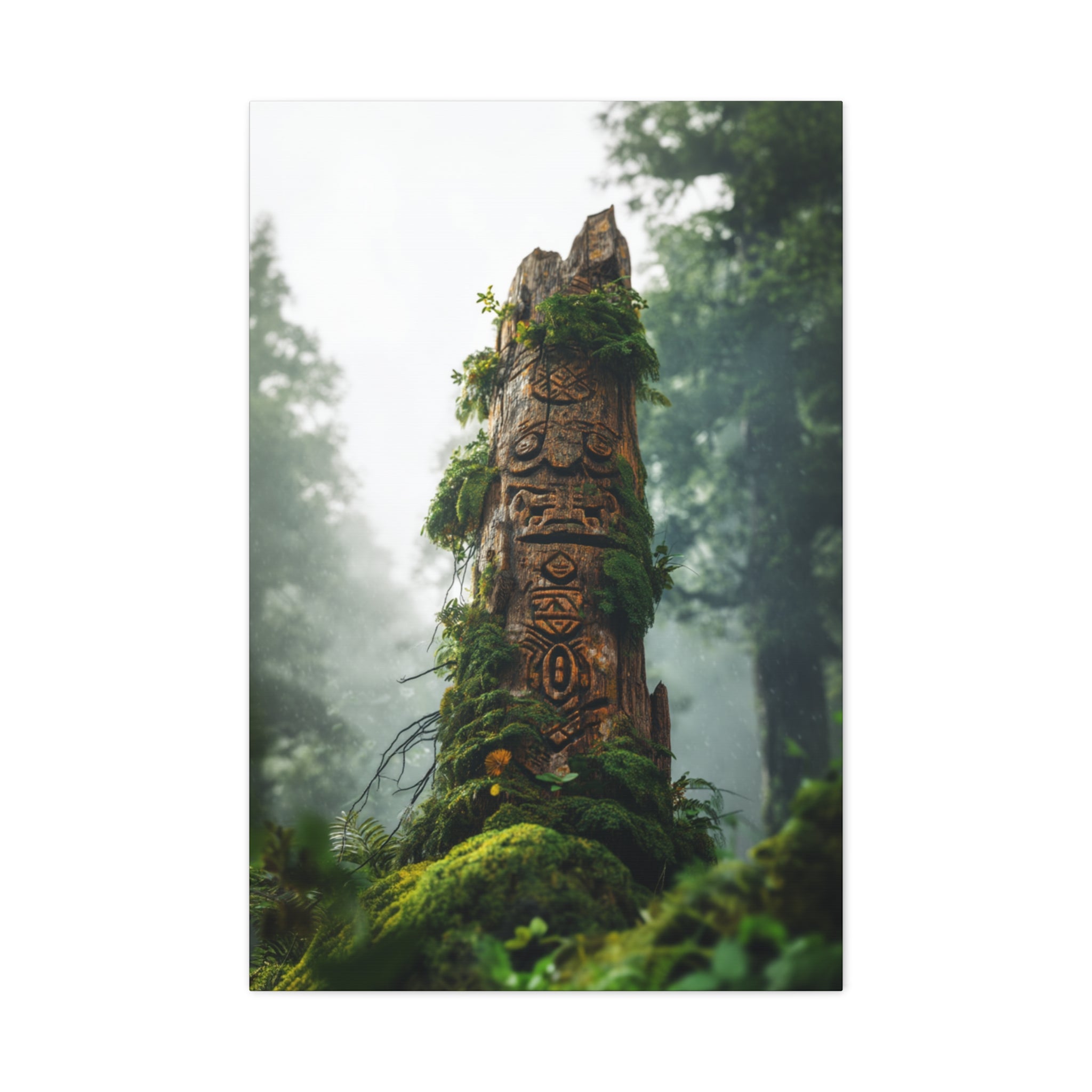 Moss-Covered Totem Canvas Print — Forest Spirit Wall Art (Matte Stretched)