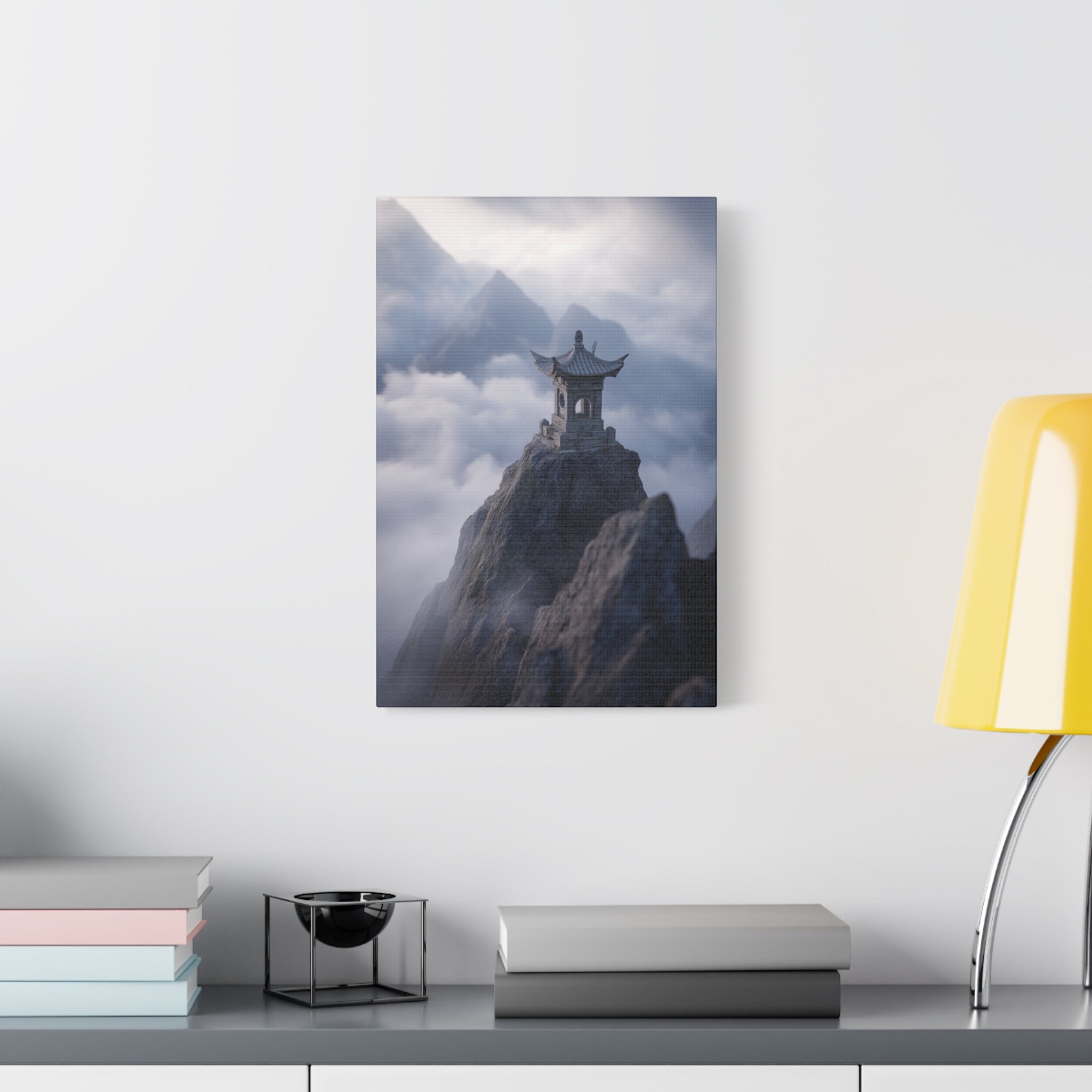 Misty Mountain Pagoda Canvas Print — Zen Landscape Wall Art