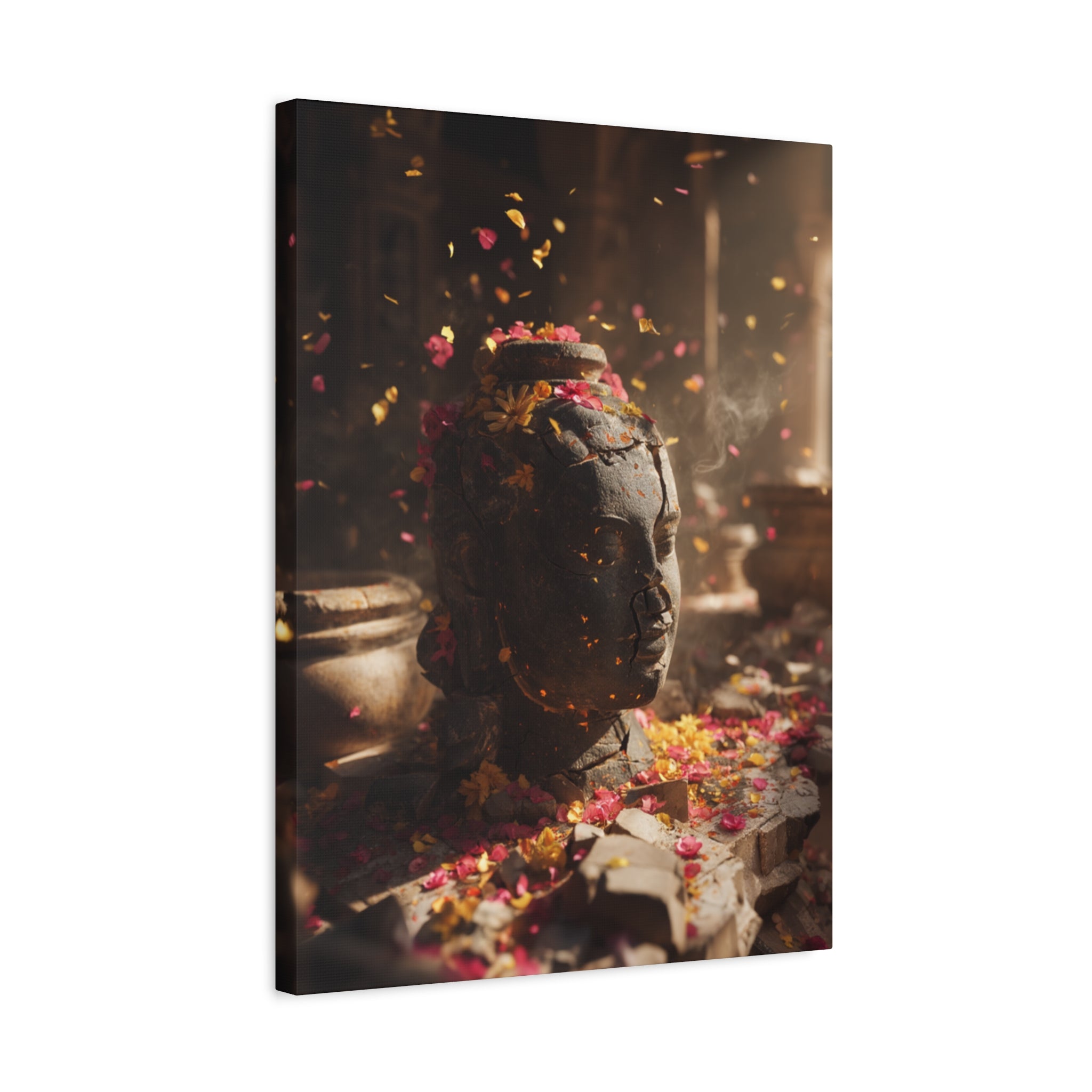 Meditative Temple Statue Canvas Print — Floral Offering Wall Art