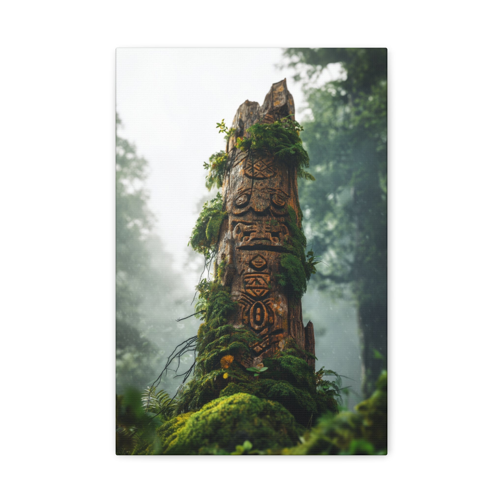 Moss-Covered Totem Canvas Print — Forest Spirit Wall Art (Matte Stretched)